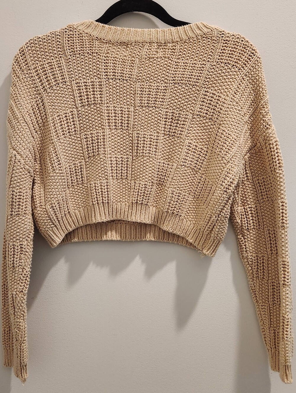 Cream Cropped Knit Sweater - Classic Crewneck - Checkered Knit Detail - Picture 6 of 7